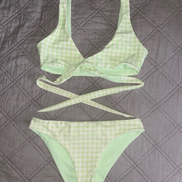 Reversible Green/Checkered Tie Swimsuit - Picture 2 of 2